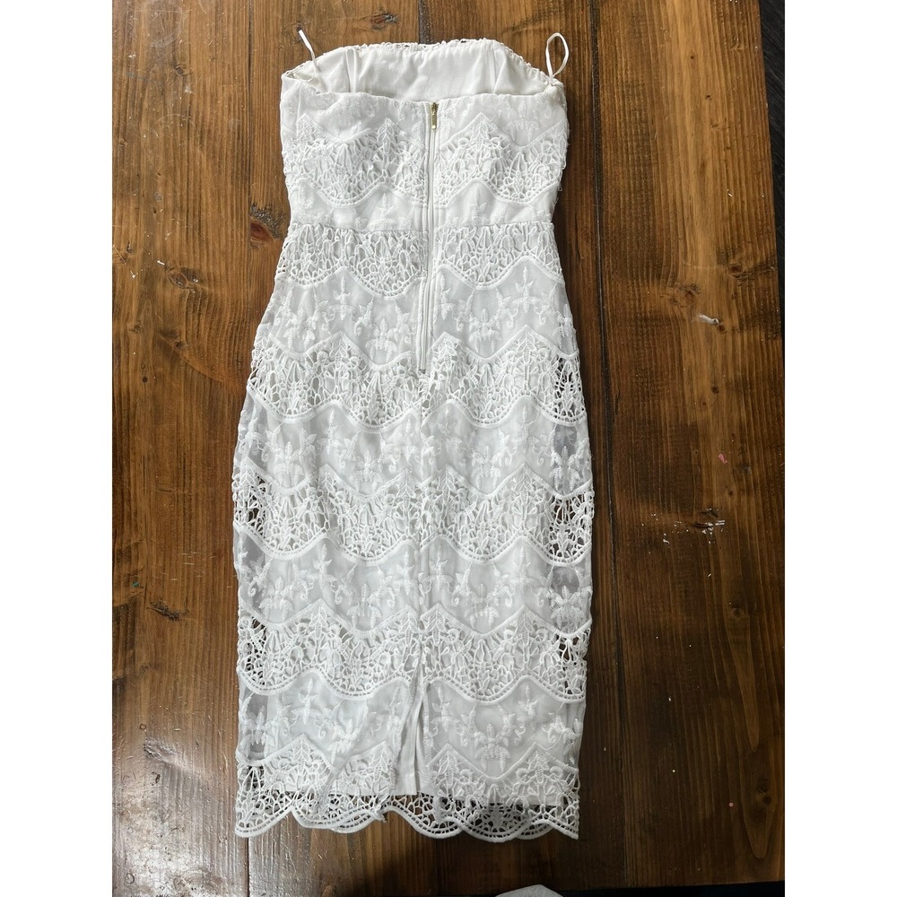 Milla White Lace Strapless Midi Dress Crochet Sheath Bridal Shower Small - Picture 6 of 9